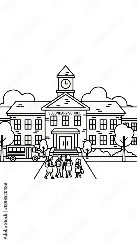 Naklejka premium Secondary School Building with Students and Bus