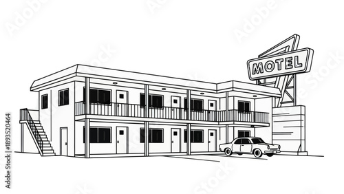 Retro Motel Building with Car and Sign