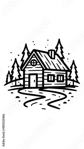 Rustic cabin in a snowy forest landscape