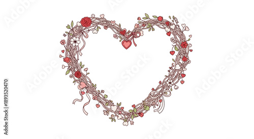 heart shaped floral wreath with red roses and ribbon.