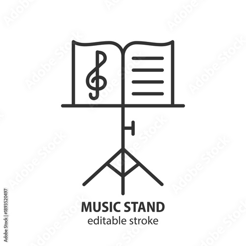 Music stand with an open music notebook line icon. Symbol for music, education, and performance. Editable stroke. Vector illustration.