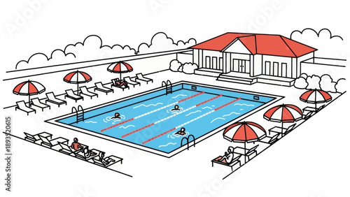 Summer Swimming Pool with People Relaxing and Swimming