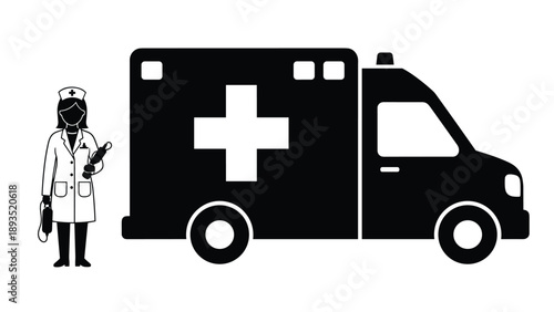 Ambulance emergency service silhouette illustration, medical transport vehicle with nurse, healthcare rescue concept, hospital emergency response isolated