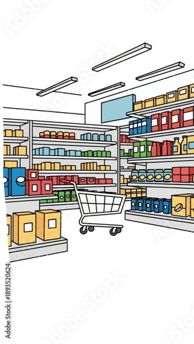 Supermarket aisle with shopping cart and shelves