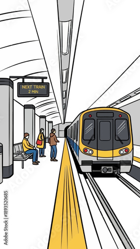 Train station scene with passengers waiting for a metro