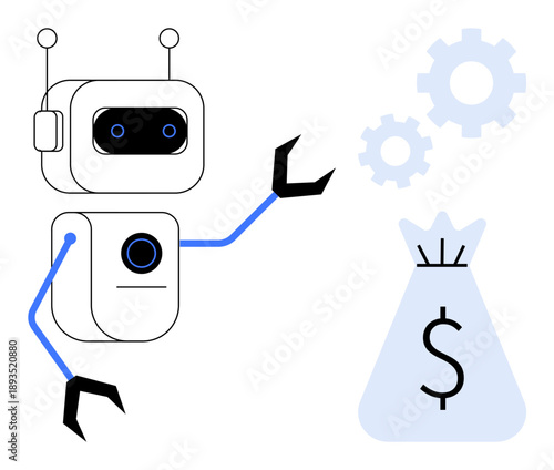Robot with mechanical arms reaching for dollar bag and gears, symbolizing AI automation, fintech applications, and technological innovation. Ideal for finance, AI, tech industry, automation, digital