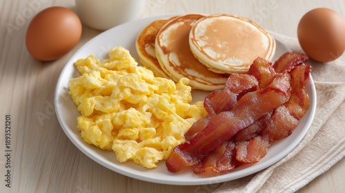 Wallpaper Mural A festive spread waits on the table with golden pancakes topped lightly, crispy bacon strips, and fluffy scrambled eggs Torontodigital.ca