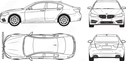 Car sedan detailed line art from multiple views top front side