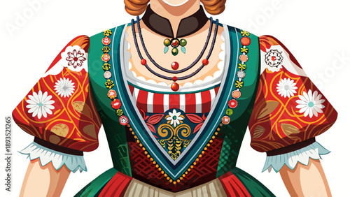 Very beautiful close-up of a traditional Swiss women’s alpine folk dress with structured bodice and decorative details, isolated on white background, showcasing mountain heritage and textile precision
