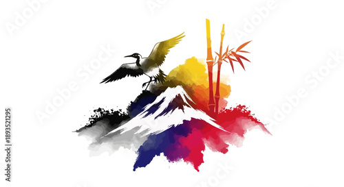 Watercolor depiction of an Asian temple amidst lush landscape with traditional architecture