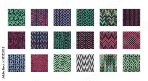 A vibrant collection of colorful geometric patterns displayed in a grid formation on a clean white background