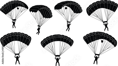 Black, parachute, silhouette, skydiver, set, airborne, descent, extreme, sport, adventure, canopy, safety, landing, motion, action, vector, illustration, collection, aviation, concept