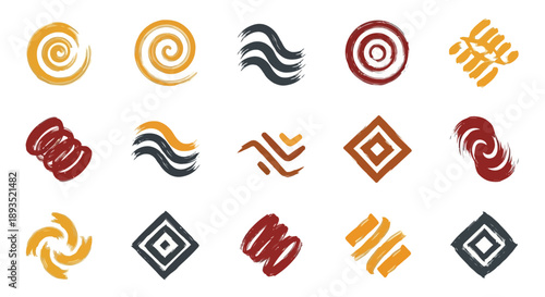 Collection of tribal symbols in various designs and patterns on a plain white background