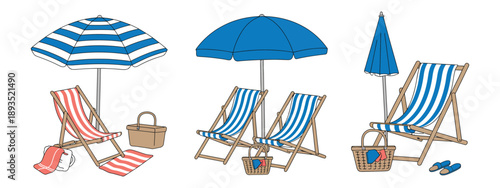 Summer Beach Illustration Set with Beach Chairs, Wooden Deck Chair, Sun Umbrella, Picnic Basket, and Sunbed, Hand Drawn Vector Elements in Trendy Style, Isolated Vacation and Relax Concept