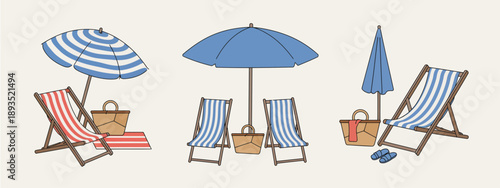 Summer Beach Illustration Set with Beach Chairs, Wooden Deck Chair, Sun Umbrella, Picnic Basket, and Sunbed, Hand Drawn Vector Elements in Trendy Style, Isolated Vacation and Relax Concept