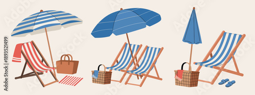 Summer Beach Illustration Set with Beach Chairs, Wooden Deck Chair, Sun Umbrella, Picnic Basket, and Sunbed, Hand Drawn Vector Elements in Trendy Style, Isolated Vacation and Relax Concept