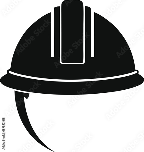 Black hard hat with white stripes and chin strap