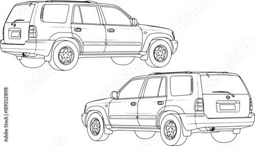Set of black and white blueprints of a sport utility vehicle
