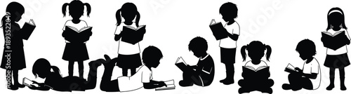 Children reading books silhouette set, kids learning education activity, boys and girls studying together, literacy knowledge illustration isolated