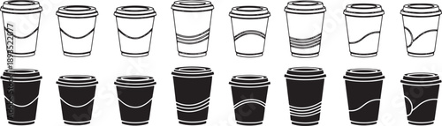 Disposable coffee cup icons set with various lid and sleeve designs