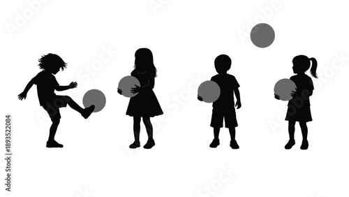 Children playing with ball silhouette set, kids outdoor play activity, boys and girls holding balls, childhood fun illustration isolated