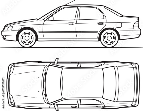 Automotive blueprint technical drawing of sedan side and top views