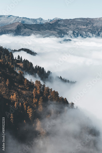 panorama in the mountain with low fog and clouds, forest, autumn time, peaks in the background