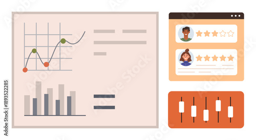 Data analysis, user ratings, performance measurement, user feedback, analytics, optimization. Bar chart, line graph star ratings and adjustment sliders. Data analysis and user ratings concept