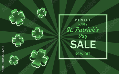 Horizontal St. Patrick's Day background. Vector illustration. Four-leaf clover and the text 
