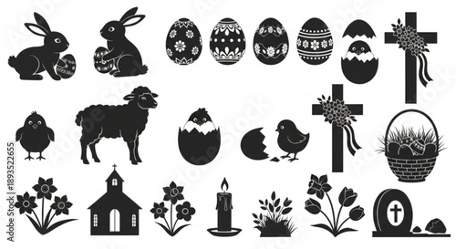 Collection of Easter-themed black silhouettes featuring rabbits, eggs, and Christian symbols displayed on a clean background from a straightforward viewpoint