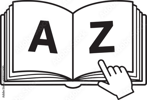Opened dictionary book with alphabet letters and hand cursor vector