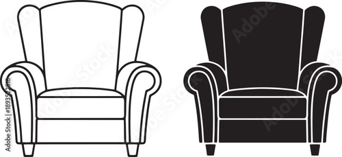 Classic armchair furniture design in outline and solid black version