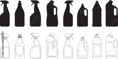 Household cleaning bottles silhouettes and outlines for product set