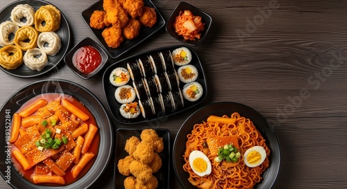 Delicious Korean dishes spread on wooden table