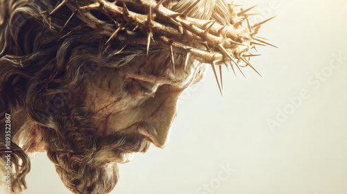 A marble sculpture of Jesus Christ wearing a crown of thorns. A Christian, Orthodox Christian symbol associated with Easter or Good Friday. Copy Space.