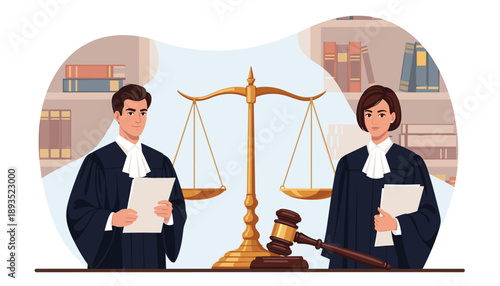 Two legal professionals stand before justice symbols including scales gavel and law books
