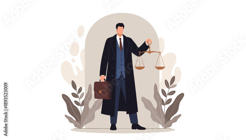 A legal professional stands with briefcase and scales symbolizing justice and advocacy