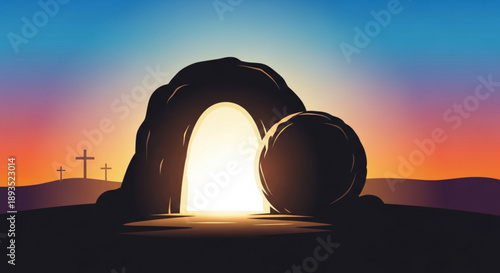 An empty tomb with a rolled away stone, symbolizing resurrection, under a vibrant sunrise with three crosses in the distance