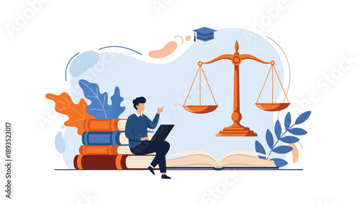 A student studies law with laptop and books under the symbol of justice and academic achievement