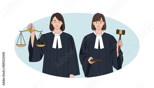 Two judicial figures stand with symbols of law and justice in a balanced legal composition