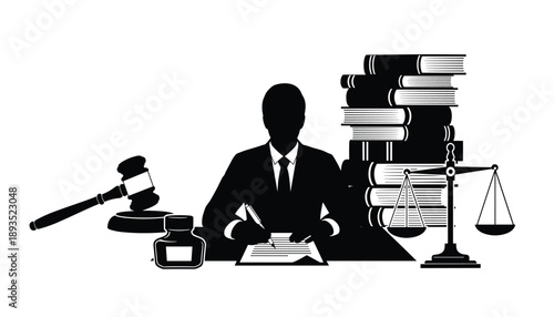 A legal professional at work surrounded by symbols of justice knowledge and documentation