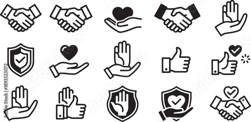 Helping hands and care symbols with heart and shield for support