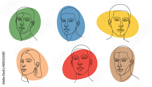 Minimalist line portraits with colorful ovals showcasing diverse human expressions and styles