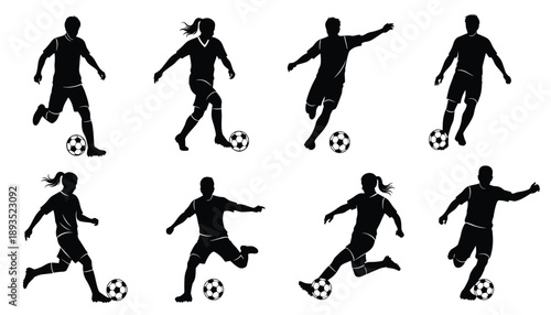 Soccer players in motion captured in silhouette as they dribble kick and strike with energy