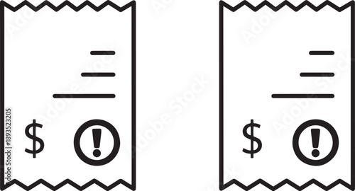 Receipt with dollar sign and exclamation mark vector illustration invoice