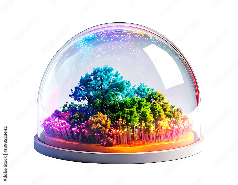 Fototapeta premium A glass dome reveals a vibrant, multi-colored forest, lit with glowing particles