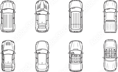 Top view car blueprint sketches for architectural urban site plans