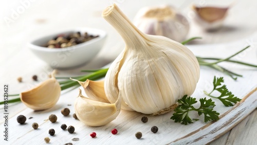 Fresh Garlic Bulbs and Cloves with Spices on Wooden Cutting Board in Bright Kitchen Setting