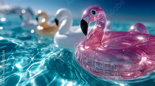Colorful floaties shimmering in bright blue water on a sunny summer day by the poolside
