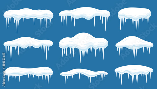 Collection of stylized snow caps with dripping icicles in cold weather themed vector format